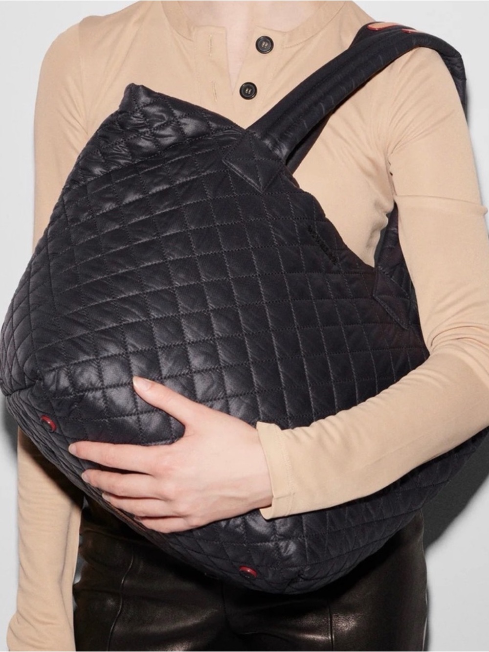 MZ Wallace classic medium Quilted Nylon Tote in Black with Brown Handle Accent